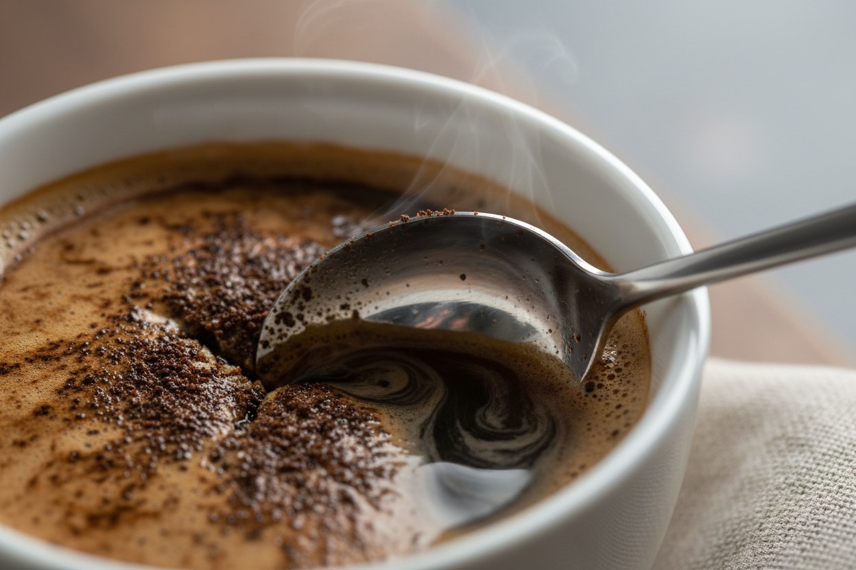 Cuchara de catación rompiendo la costra de café flotante sobre una taza blanca