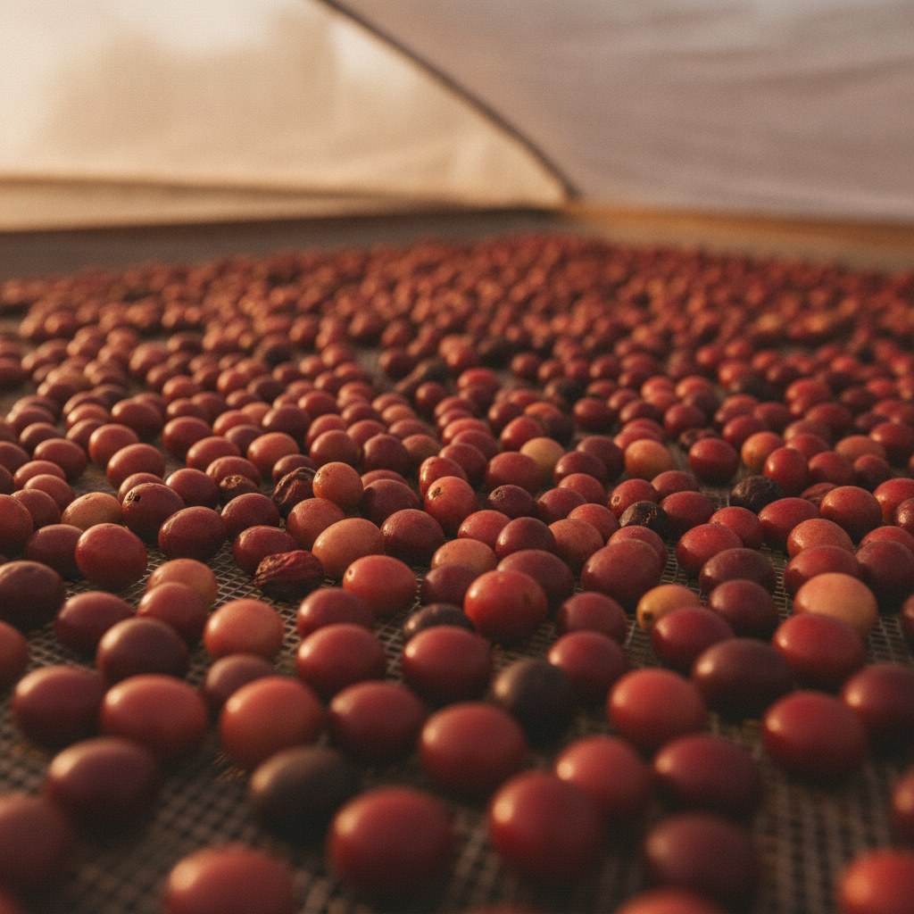 Cerezas de café bourbon rosado secándose en marquesina en Andes, Antioquia
