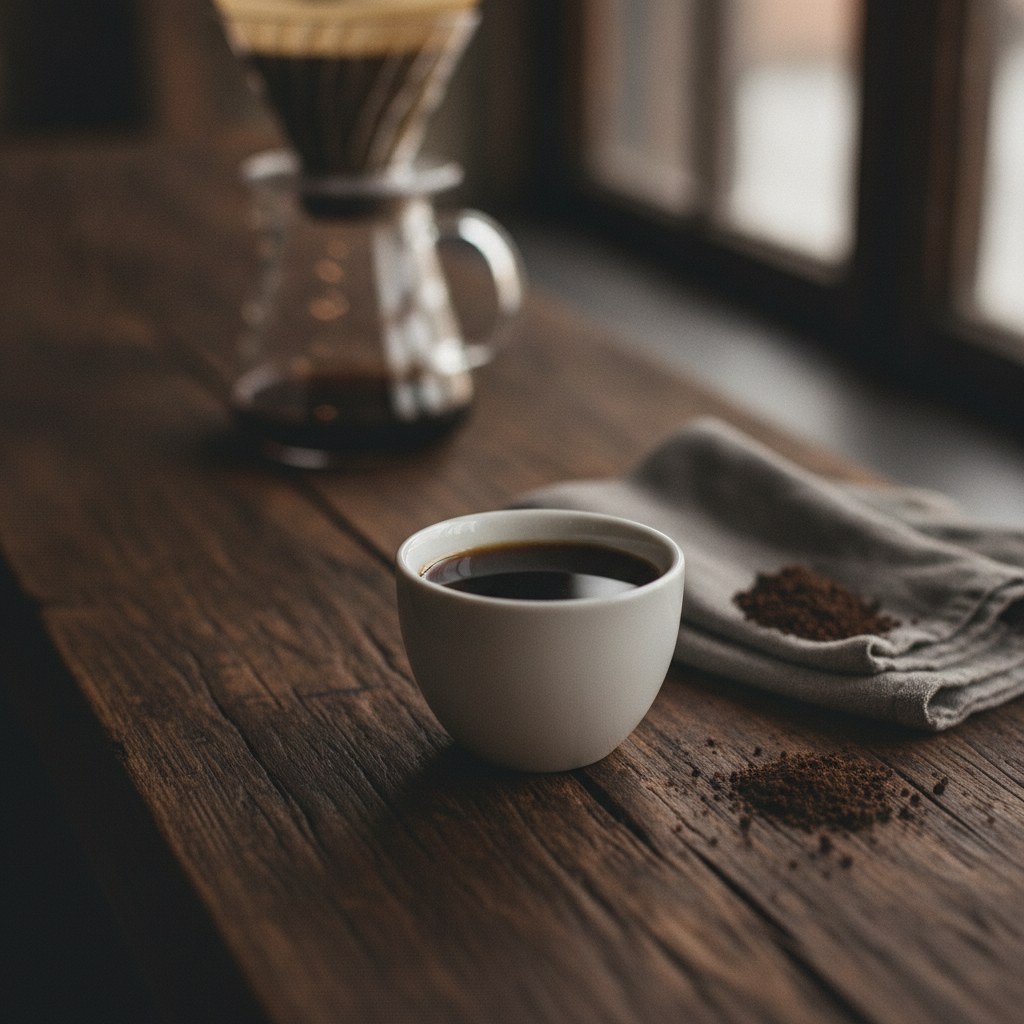 Taza de café filtrado de Inzá, Cauca, servida sobre la barra de madera