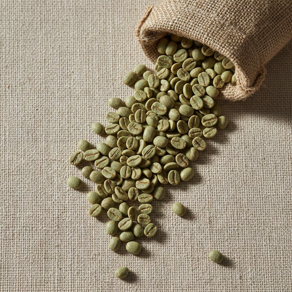 Granos de café verde caturra rojo de Pitalito, Huila, sobre lienzo de algodón